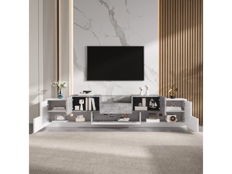  Meuble tv blancgris ciment plateau verre trempé tiroir central portes porte pliante câbles et charnières amorties  - Conforama D