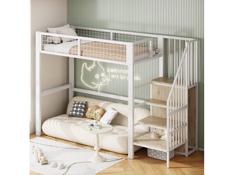  Lit mezzanine enfant 90x200 cm avec échelle et rangements coloris blanc  - Conforama B