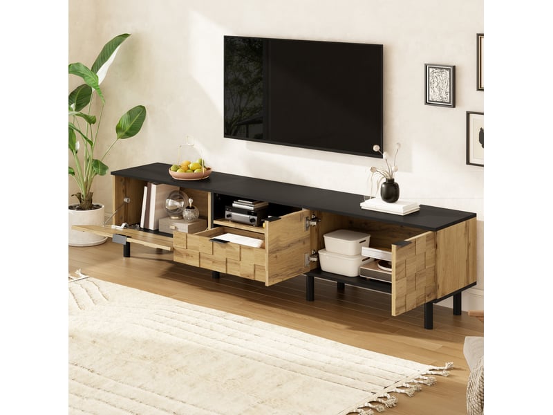  Meuble tv modenvie 170 x 35 x 44,5 cm 2 portes tiroir niche ouverte décor bois naturel et noir  - Conforama D