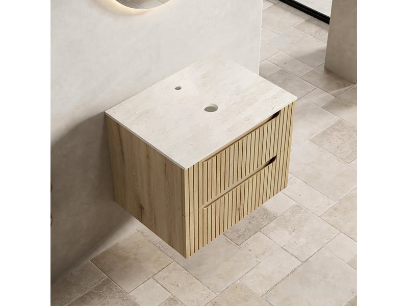 Meuble sous vasque de salle de bain sans vasque avec 2 tiroirs et plan en pierre frittée, chêne clair - Conforama D