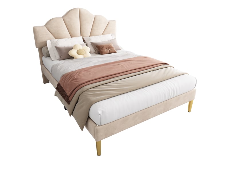  Lit double capitonné 140x200 cm avec tête coquillage réglable, pieds dorés et sommier à lattes, velours beige  - Conforama A