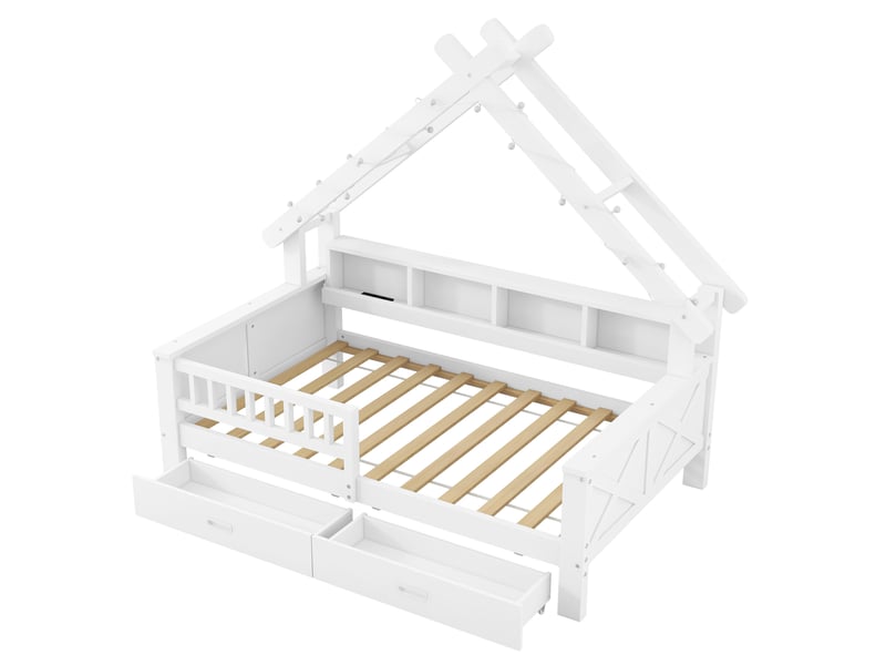  Lit simple en bois en forme de maison, 90 x 200 cm, avec éclairage led, compartiments de rangement, tiroirs et barrière de protection, blanc  - Conforama D