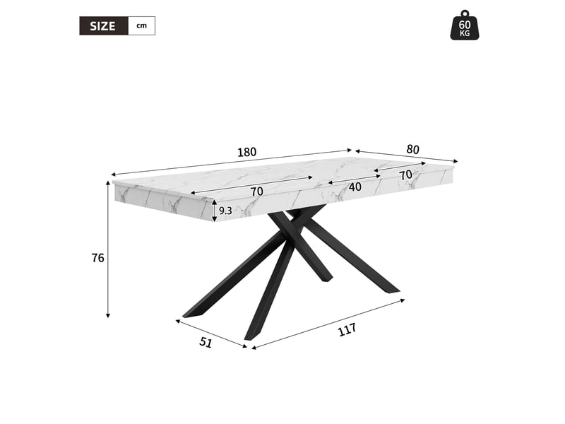  Table à manger extensible 140-180 x 80 cm, mdf, pieds en métal, blanche, 6 à 8 places  - Conforama C