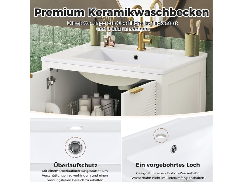 Meuble vasque de salle de bain 61x47x87 cm – blanc – rangement multi-zones avec lavabo céramique et soft-close - Conforama E