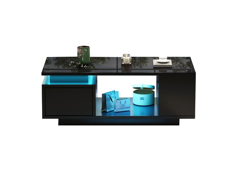  Table basse noire avec led 100x50 cm - table de salon avec tiroir et rangements finition brillante  - Conforama A
