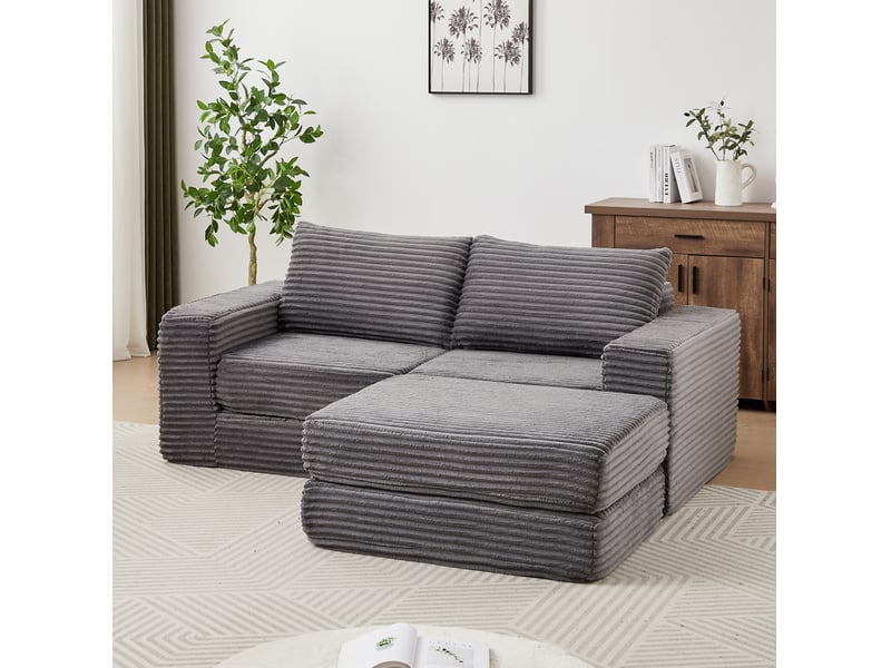  Canapé convertible ulevr 2 places modulable en velours côtelé gris avec repose-pieds amovible, 194 x 169,5 x 74 cm  - Conforama B