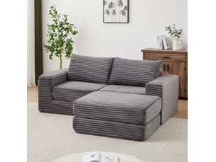 Canapé convertible ulevr 2 places modulable en velours côtelé gris avec repose-pieds amovible, 194 x 169,5 x 74 cm