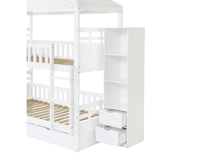 Lit superposé 90x200 cm lit enfant cabane avec rangements et échelle, blanc, sans matelas - Conforama R