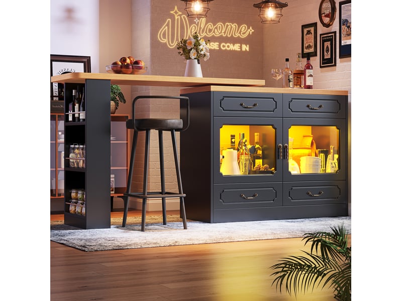  Bar extensible 135x203 cm avec rangement, led, rotation 360°, mdf, noir  - Conforama B