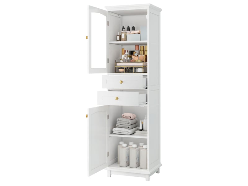  Colonne salle de bain 45x36x160 cm, portes verre, 2 tiroirs, poignées dorées, design moderne, en mdf, blanc  - Conforama A