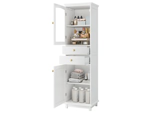 Colonne salle de bain 45x36x160 cm, portes verre, 2 tiroirs, poignées dorées, design moderne, en mdf, blanc