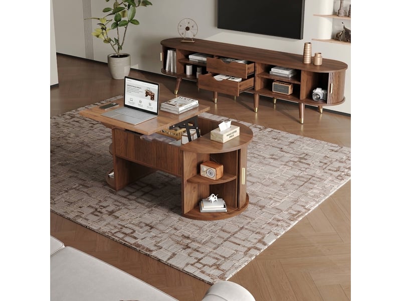  Ensemble meuble tv et table basse noyer, style mid-century, portes coulissantes et plateau relevable  - Conforama B