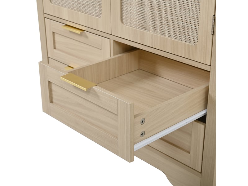  Armoire 80 x 50 x 180 cm avec penderie et quatre tiroirs, deux portes courbées en rotin, mdf, coloris chêne  - Conforama E