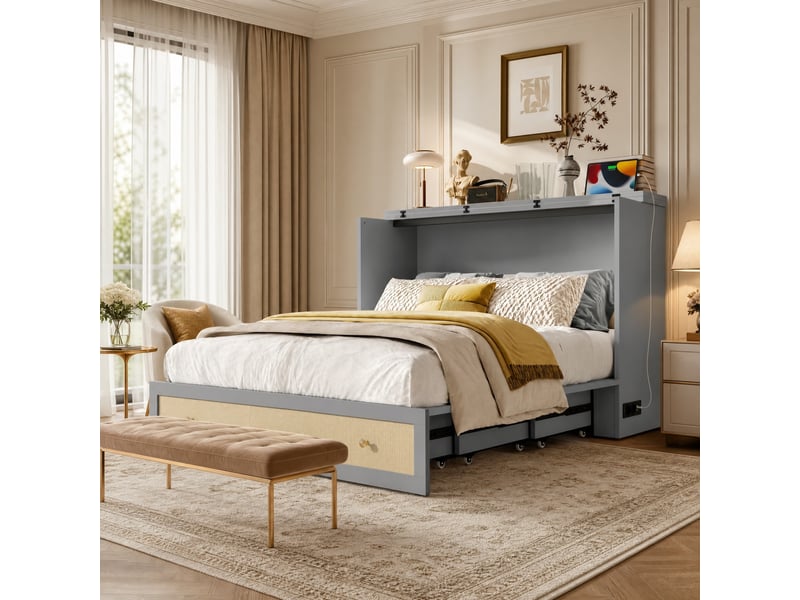  Lit armoire convertible mobile 140 x 200 cm gris avec rangement, usb et prise  - Conforama D