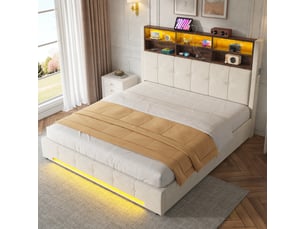 Lit coffre 160 × 200 cm 2 places avec 6 niches, poches latérales, usb-c et led, sans matelas, velours beige