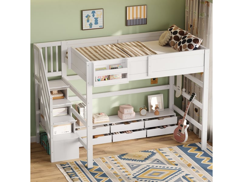  Lit mezzanine en bois, 140 x 200 cm, avec 6 tiroirs, grand espace de rangement sous le lit et escalier avec rangements intégrés, blanc  - Conforama D
