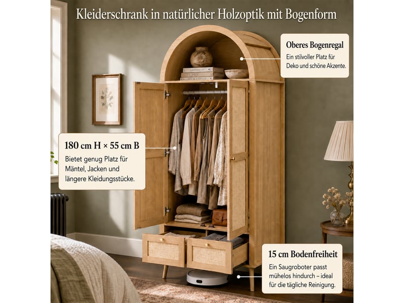  Armoire à vêtements 2 portes avec tringle, 2 tiroirs, niche ouverte, effet rotin, kaki  - Conforama D