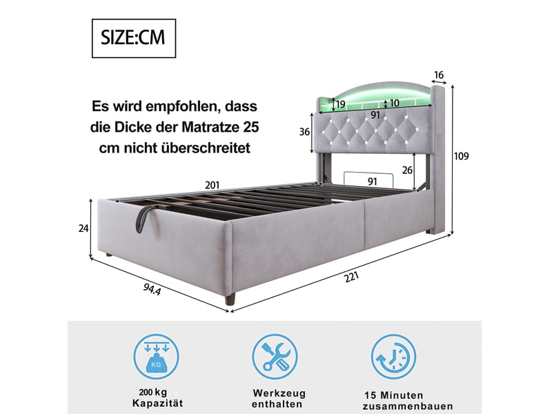  Lit enfant 90 x 200 cm avec rangement, led, usb et tête de lit rembourrée gris  - Conforama C