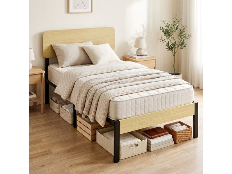  Lit simple 90 x 200 cm cadre de lit rangement sous le lit tête de lit lit plateforme  - Conforama B