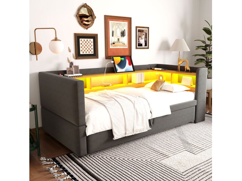  Canapé-lit extensible 90x190 cm et 180x190 cm avec led, prises et rangements mdf métal bois gris foncé sans matelas  - Conforama B