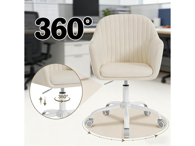 Chaise de bureau pivotante à hauteur réglable avec accoudoirs - lpospi - dossier ergonomique, velours crème blanc  - Conforama E
