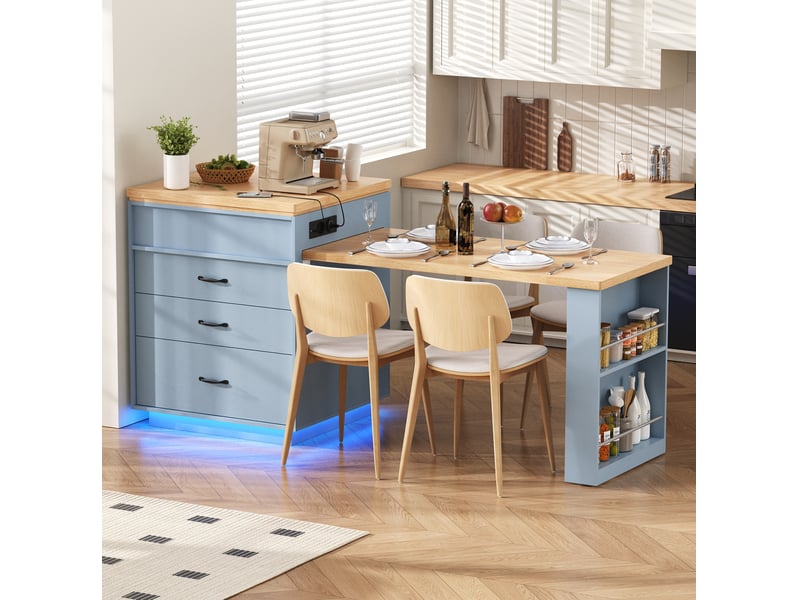  Table repas extensible rangement mobile 125 à 187 cm mdf bleu led usb cuisine bar homvra  - Conforama B