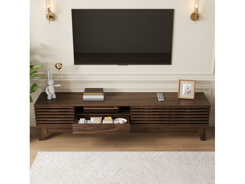  Meuble tv en mdf coloris noyer, 170 x 35 x 40 cm, 3 portes, 1 tiroir et niches ouvertes  - Conforama D