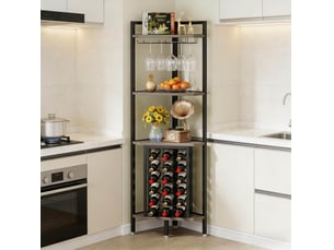 Étagère à vin d'angle 86x46x19,5 cm grise, mdf et métal, 4 niveaux avec range-bouteilles et porte-verres