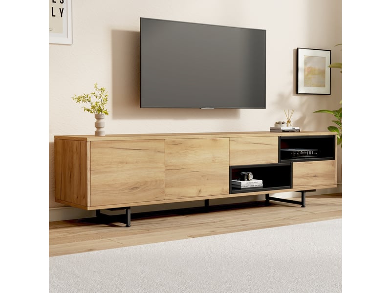  Meuble tv 173 cm pour tv jusqu'à 70 pouces avec rangements ouverts et tiroirs couleur bois  - Conforama C