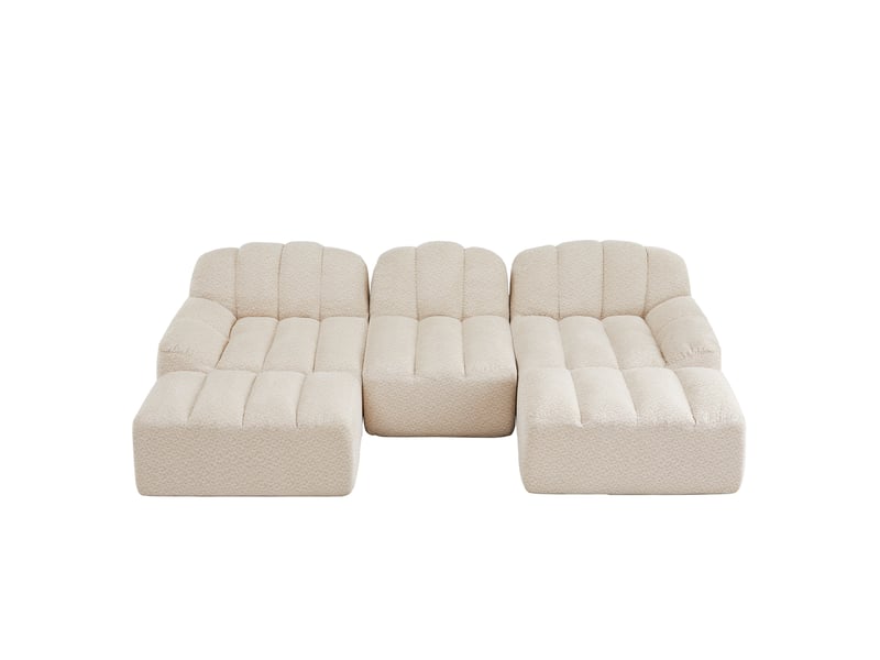  Canapé modulable 3 places en u avec 2 ottomans en tissu bouclette granuleux beige blanc  - Conforama A