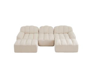 Canapé modulable 3 places en u avec 2 ottomans en tissu bouclette granuleux beige blanc