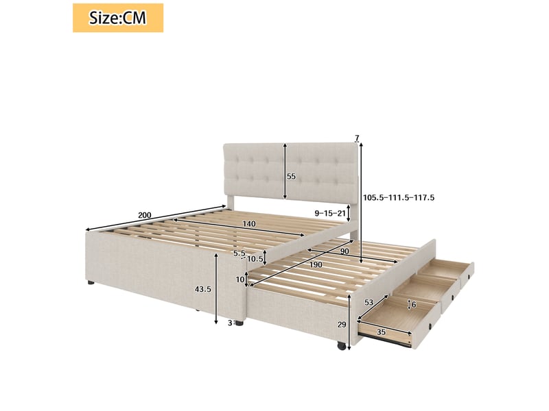  Lit 2 places rembourré 140x200 cm avec lit gigogne et 3 tiroirs beige  - Conforama C