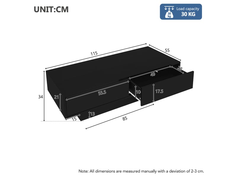  Table basse rectangulaire 115 x 55 x 34 cm avec éclairage led et 2 tiroirs de rangement, finition brillante, noir  - Conforama C