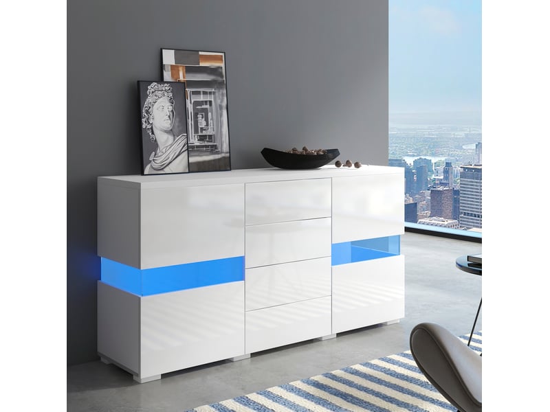 Buffet meuble tv blanc à led, 2 portes acryliques et 4 tiroirs - 140 x 35 x 72 cm  - Conforama B