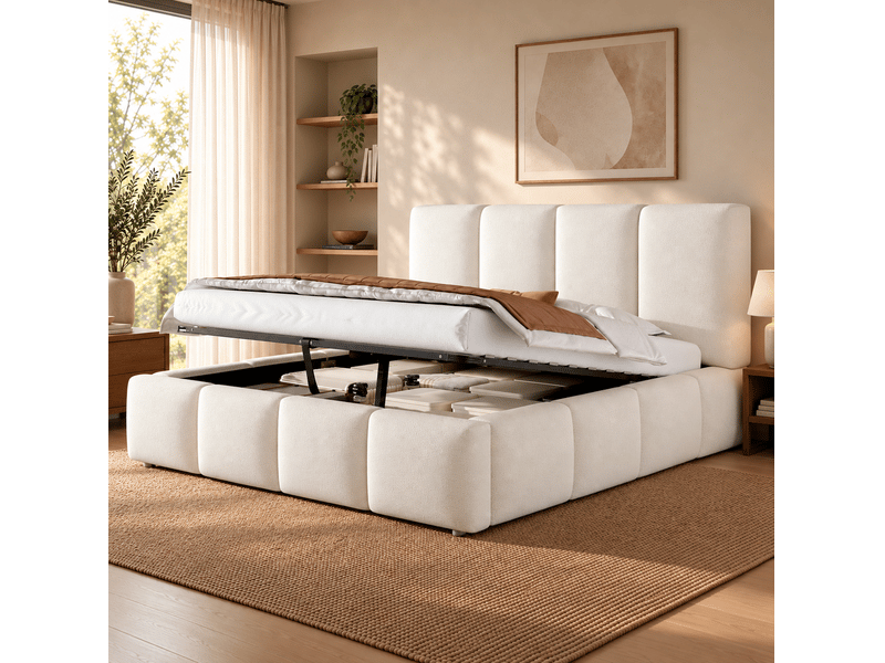  Lit coffre 180x200 avec sommier à lattes bouclé blanc evryae  - Conforama B