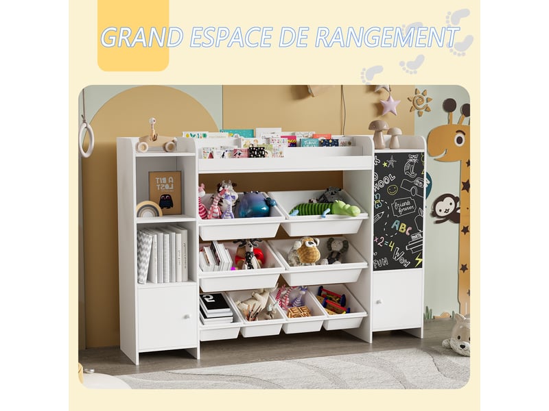 Bibliothèque enfant - 137x30x94,5 cm - meuble de rangement jouets, bac amovibles, tableau noir dessin - blanc - Conforama D