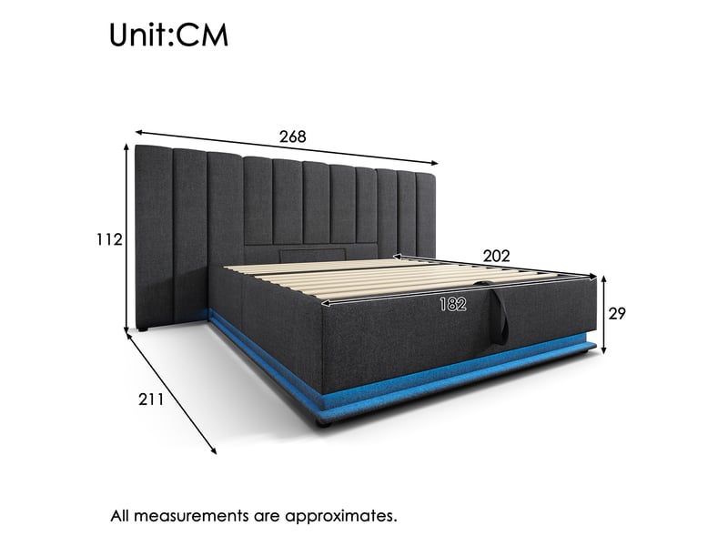 Modenvie lit coffre 180x200 cm - avec led sur 360 degres, ports usb et usb-c, avec matelas - gris - Conforama C