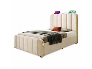 Lit coffre 90 x 200 cm avec tête de lit rembourrée, usb type-c, beige en lin