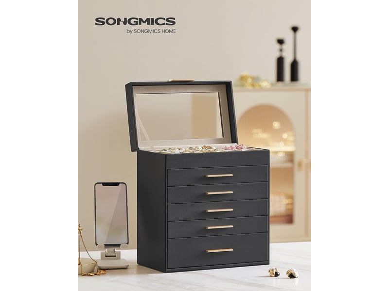 Songmics boîte à bijoux, écrin à accessoires 6 niveaux, coffre de rangement, couvercle en verre, 5 tiroirs, pour lunettes de soleil, rangement pour bijoux, moderne, noir graphite et doré 6 Niveaux - Conforama C