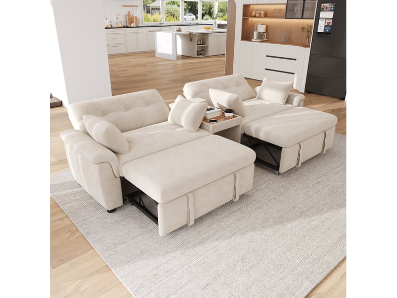  Canapé convertible u 284x138x89 cm, dossier inclinable, double couchage relevable, deux porte-gobelets, tissu, beige  - Conforama E