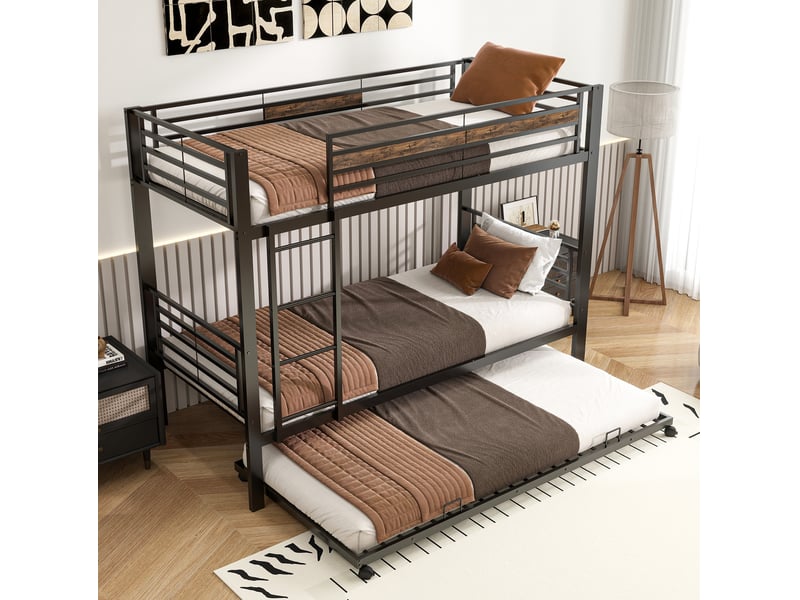  Lit superposé enfant 90x200 cm en métal noir avec lit gigogne et échelle  - Conforama B