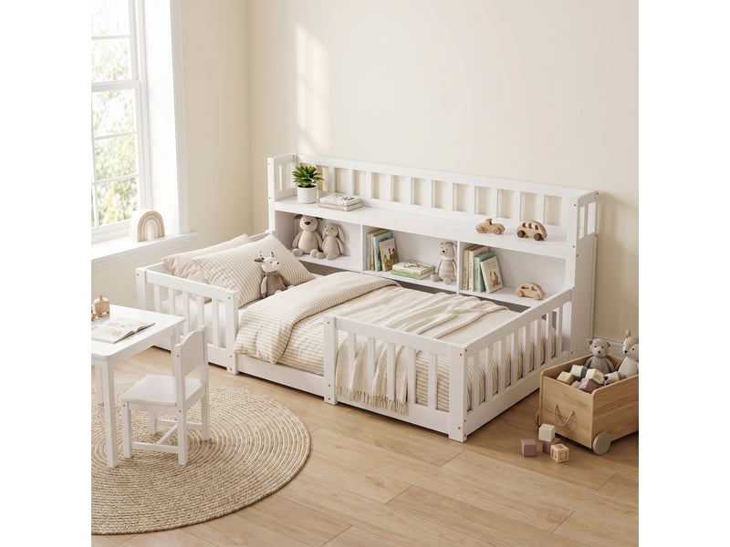  Lit enfant au sol 90x200(90x190) cm, lit simple avec bibliothèque et barrière, lit  montessori, bois, style scandinave moderne, blanc  - Conforama B