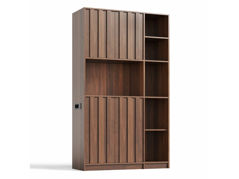 Buffet de cuisine 105x40x180 cm avec rangement, éclairage led rgb et prises intégrées, meuble de cuisine avec portes et étagères ouvertes en mdf - noyer OMNIGLINT TRADING LTD - Conforama A