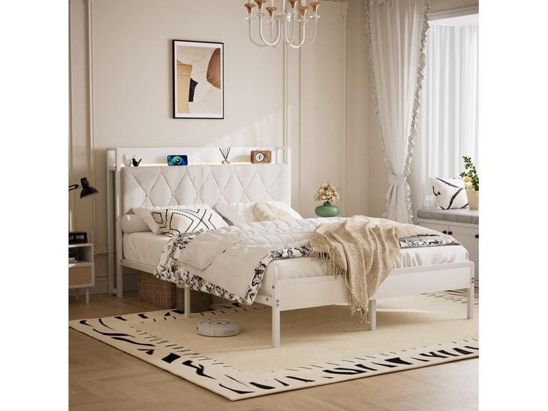  Lit double 140 x 190 cm blanc avec tête de lit rembourrée led et station de charge  - Conforama C