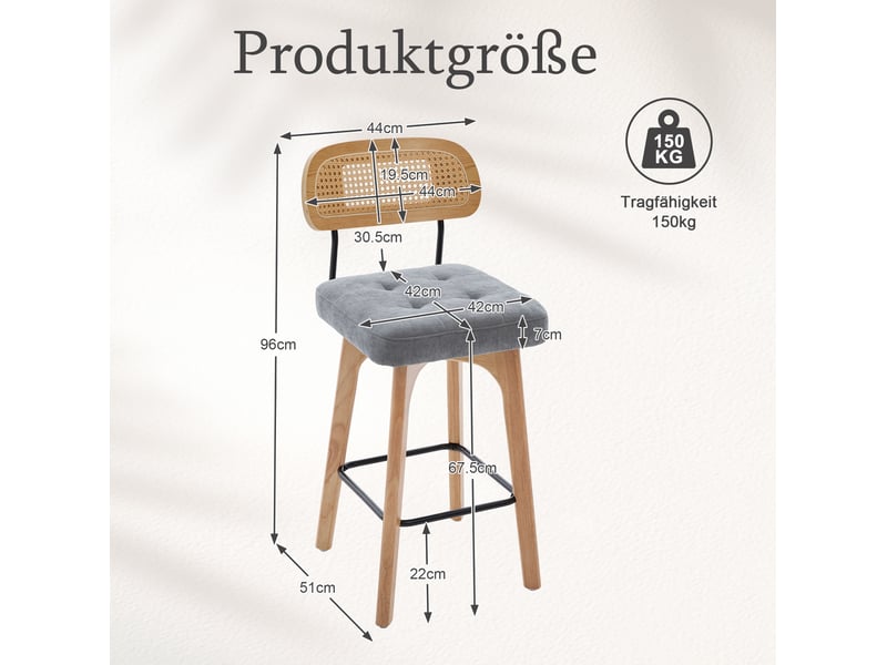  Lot de 2 tabourets de bar pivotants 360° en chenille grise et rotin 51x44x96 cm  - Conforama C