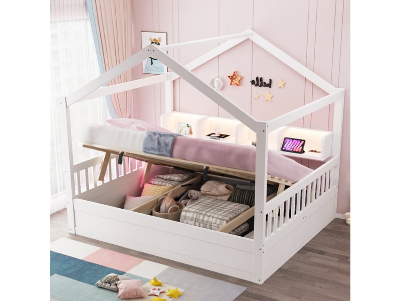  Lit coffre 140x200 cm avec structure en forme de toit, coloris blanc  - Conforama E