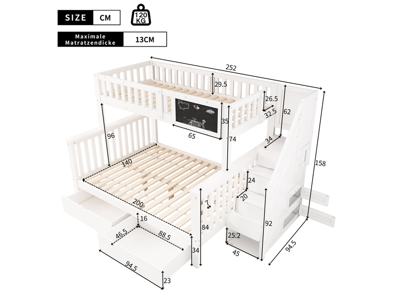  Lit superposé enfant blanc avec tableau et rangements 90 x 200 cm et 140 x 200 cm  - Conforama E