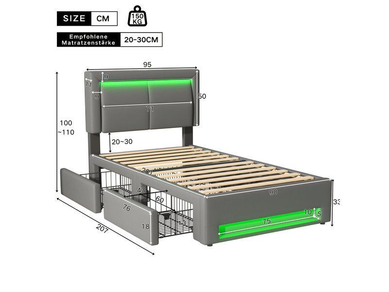 Lit enfant 90x200cm avec 4 tiroirs, ports usb de chargement, lumières led, design moderne, pu, gris, sans matelas - Conforama D