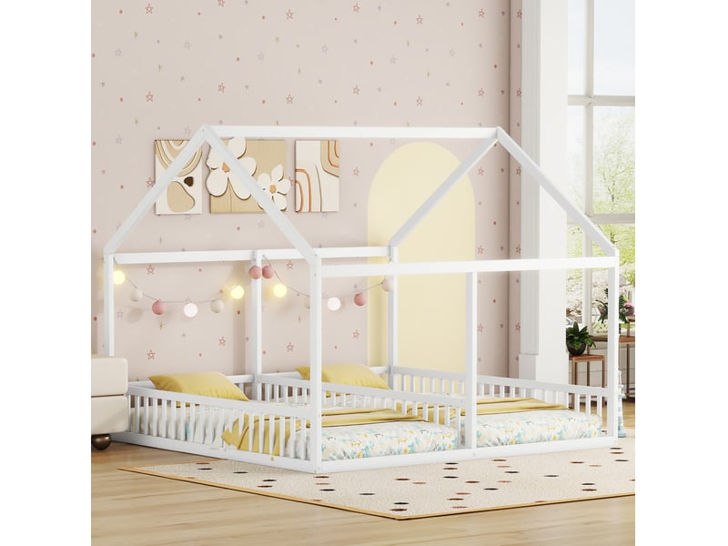 Lit cabane 2 couchages 90x200 cm blanc avec barrières - Conforama E