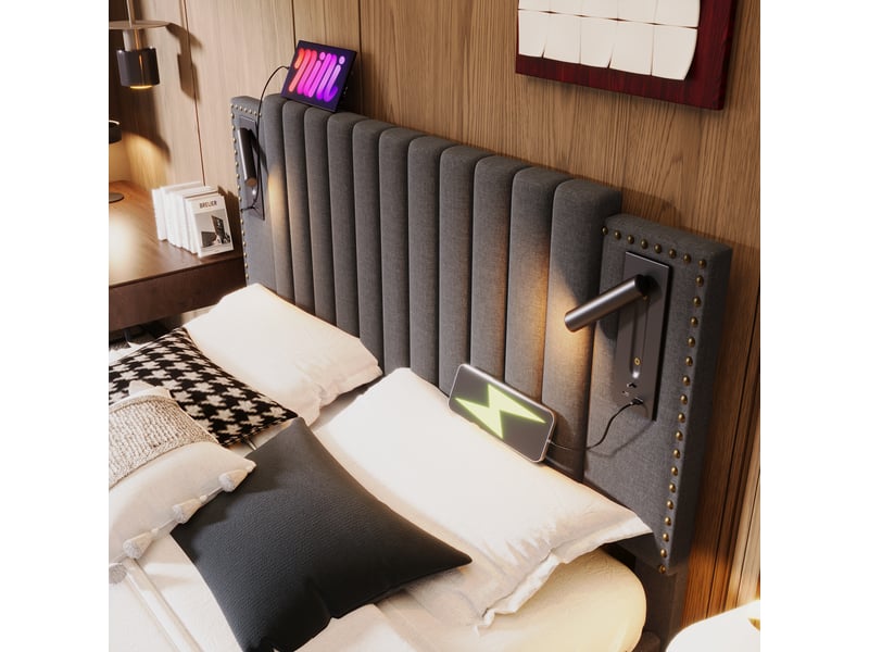 Lit coffre double 200×160 cm avec liseuses et ports usb-c, matelas et sommier inclus, en coton gris - Conforama E